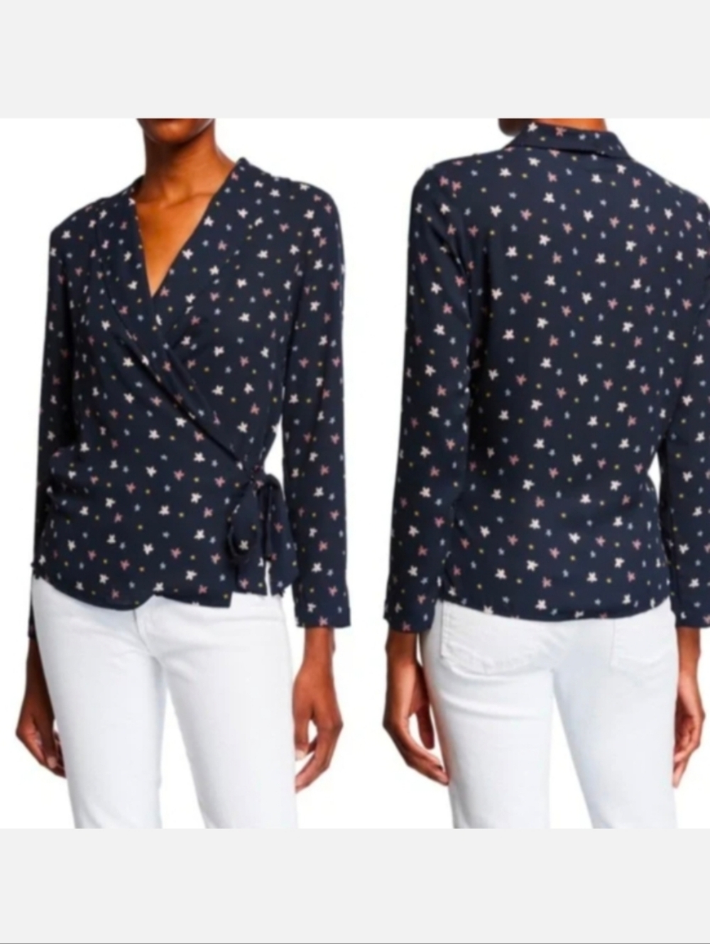 3/$20 Finn & Grace Wrap Blouse Womens Medium Blue Floral Long Sleeve Vneck Top